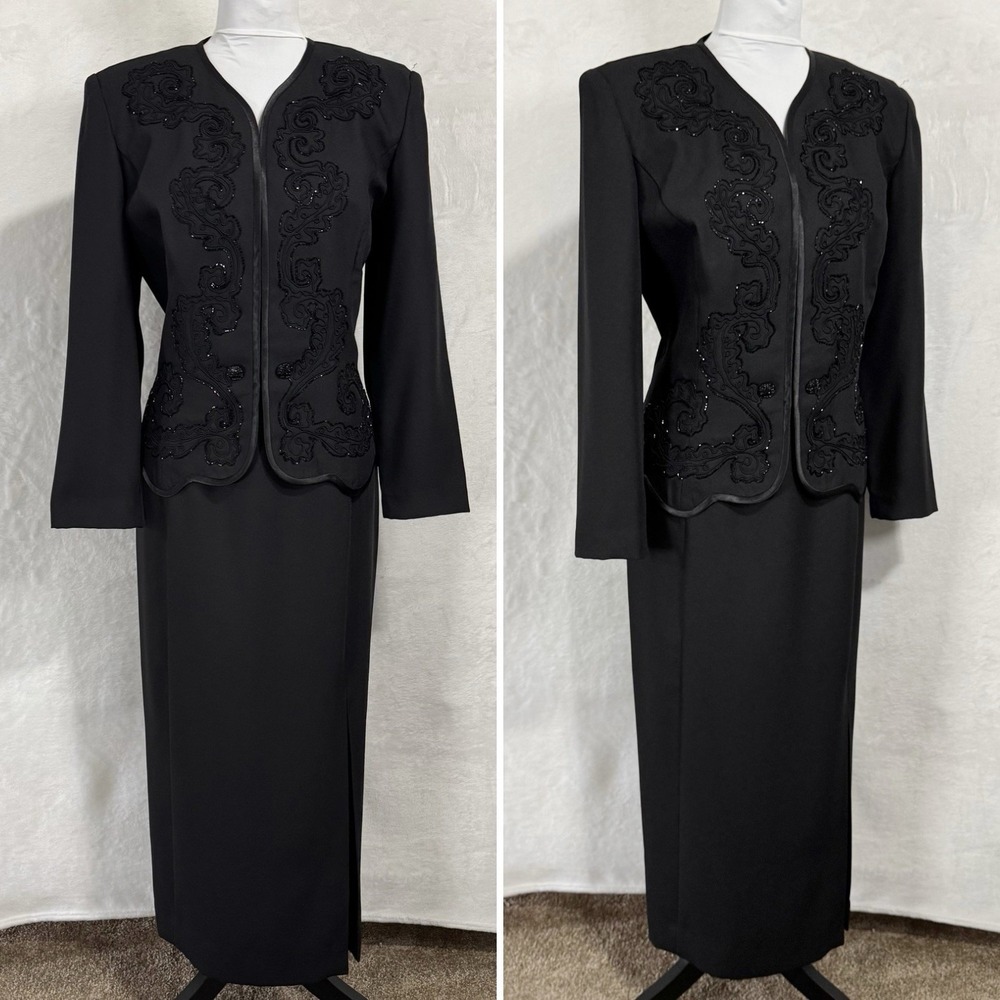 VTG‎ Formal Faux Jacket Dress Maxi Size 14 Petite Embroidered Black Tie Elegant